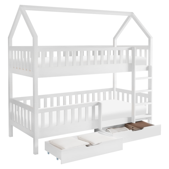 Pat cu etajă pentru copii de culoare albă, în formă de căsuță, VENITA TIP 2