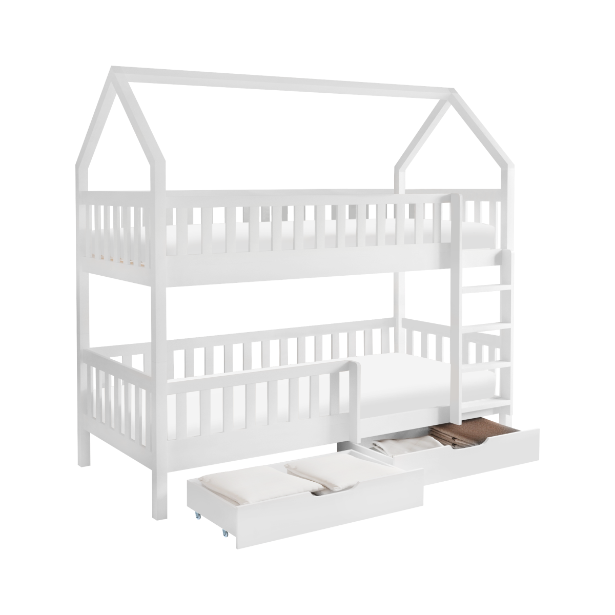 Pat cu etajă pentru copii de culoare albă, în formă de căsuță, VENITA TIP 2