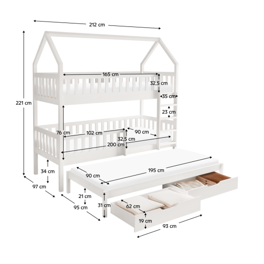 Paturi supraetajate moderne pentru copii de culoare albă cu pat suplimentar, VENITA TIP 1
