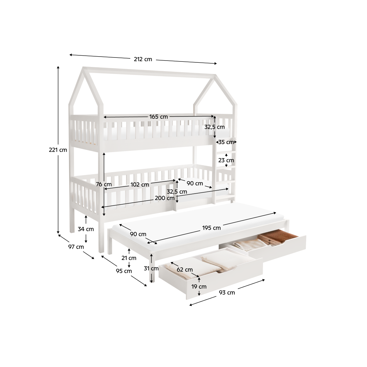 Paturi supraetajate moderne pentru copii de culoare albă cu pat suplimentar, VENITA TIP 1