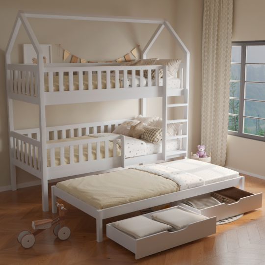 Paturi supraetajate moderne pentru copii de culoare albă cu pat suplimentar, VENITA TIP 1