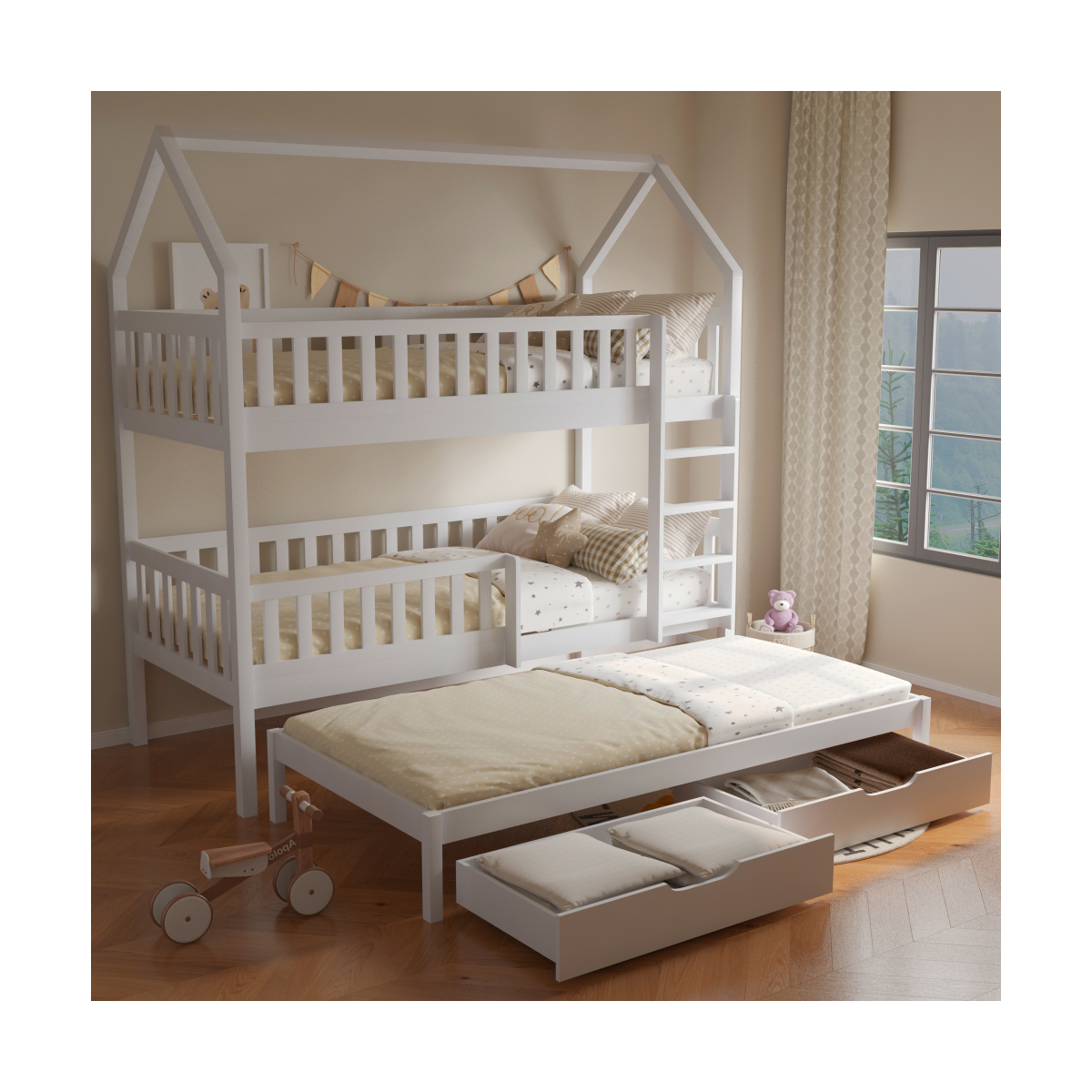 Paturi supraetajate moderne pentru copii de culoare albă cu pat suplimentar, VENITA TIP 1