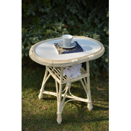 Meseș oval din nuanța de cafea cu blat alb.