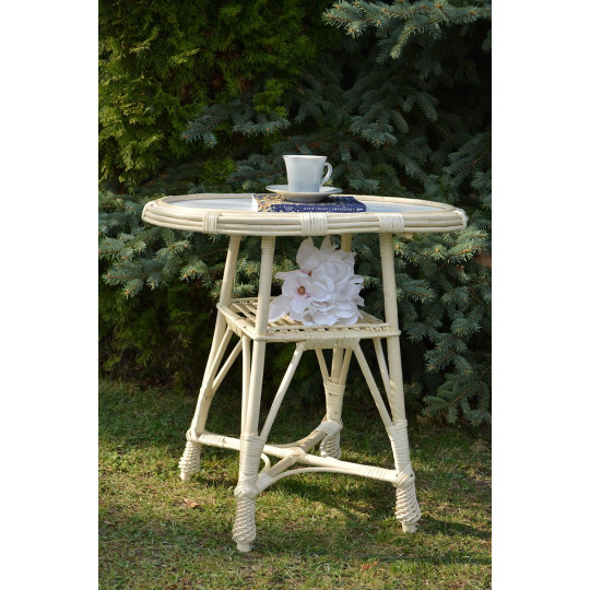 Meseș oval din nuanța de cafea cu blat alb.