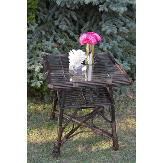 Masă pătrată din ratan cu sticlă - maro