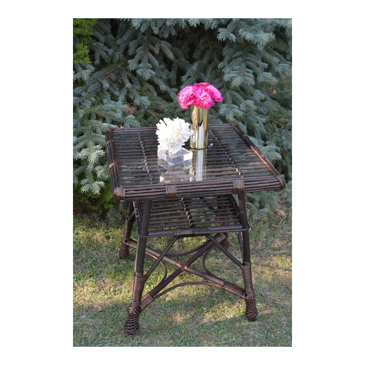 Masă pătrată din ratan cu sticlă - maro