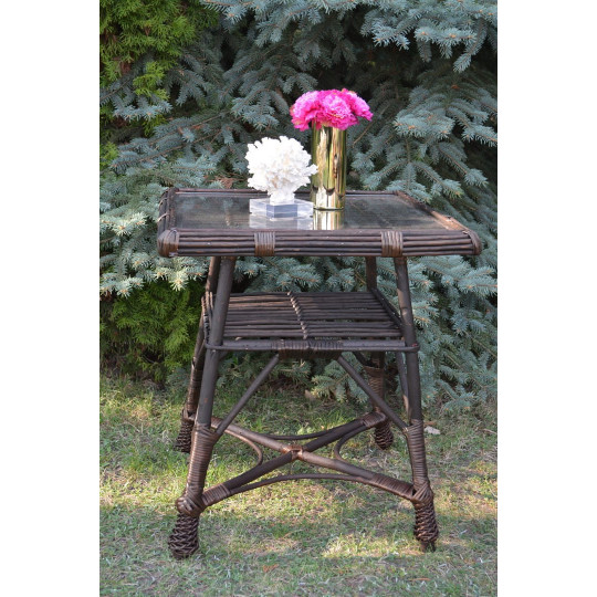 Masă pătrată din ratan cu sticlă - maro