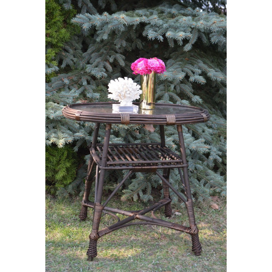 Masa ovală din ratan cu sticlă - maro