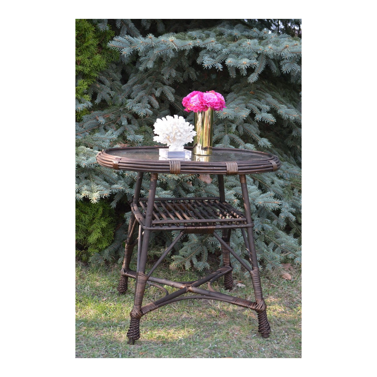 Masa ovală din ratan cu sticlă - maro