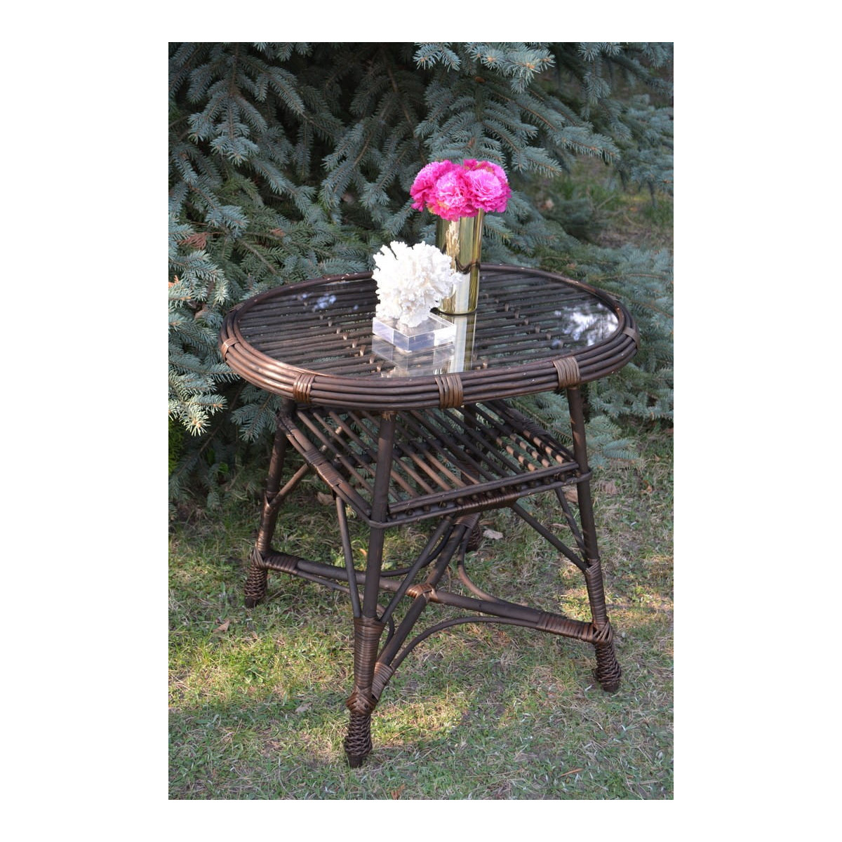 Masa ovală din ratan cu sticlă - maro