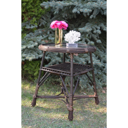 Masa rotundă din ratan cu sticlă - maro