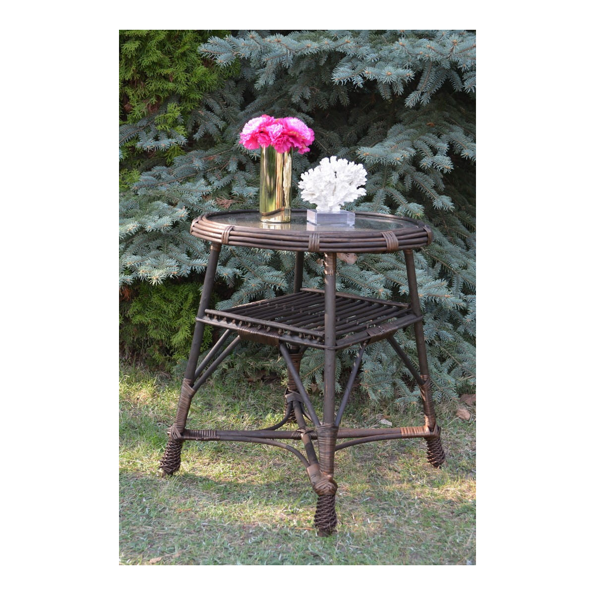 Masa rotundă din ratan cu sticlă - maro