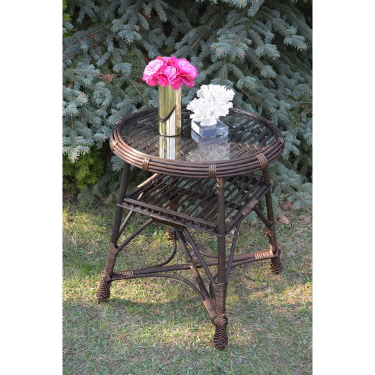 Masa rotundă din ratan cu sticlă - maro