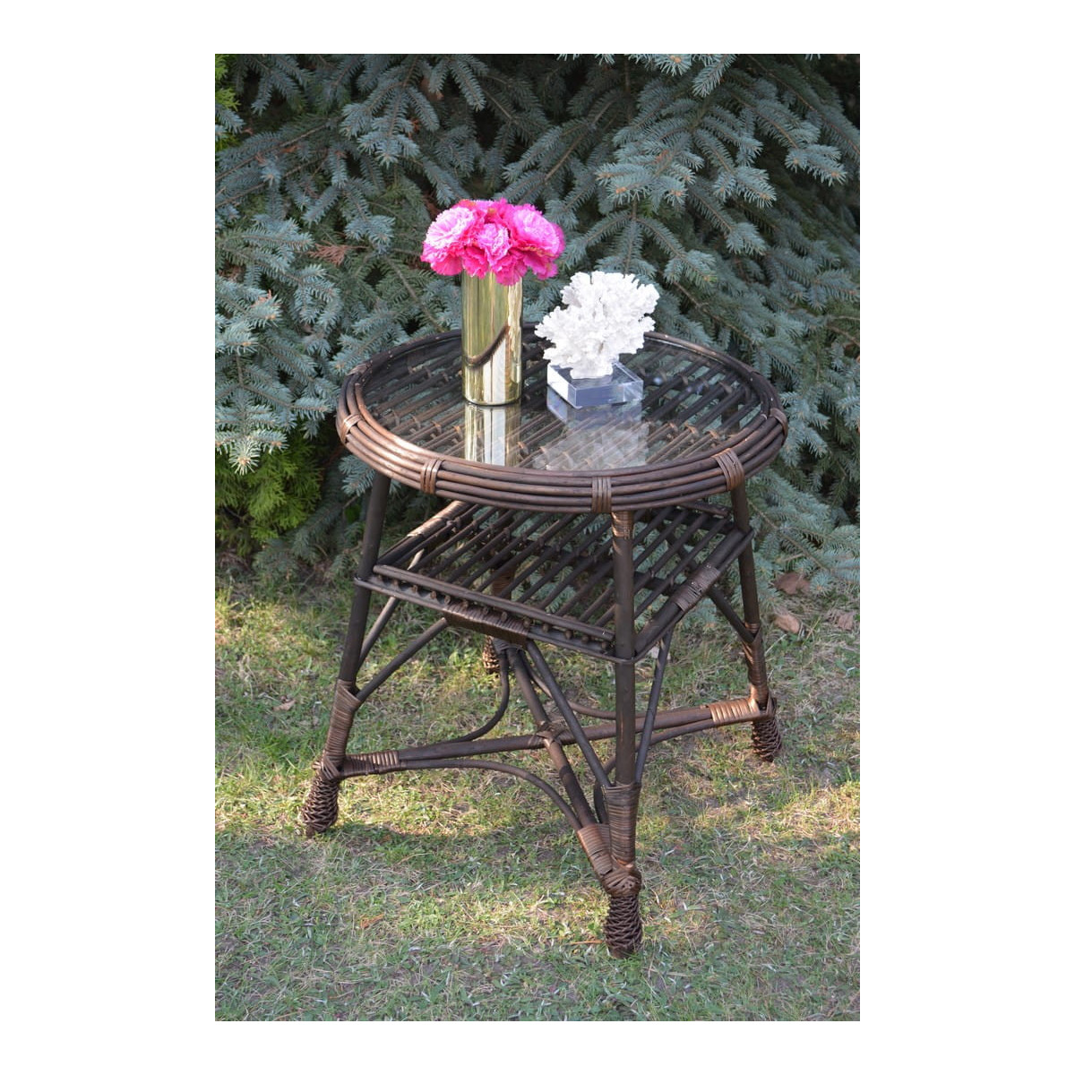 Masa rotundă din ratan cu sticlă - maro