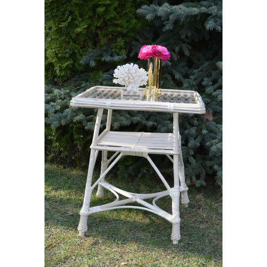 Masă pătrată din rattan cu sticlă - albă