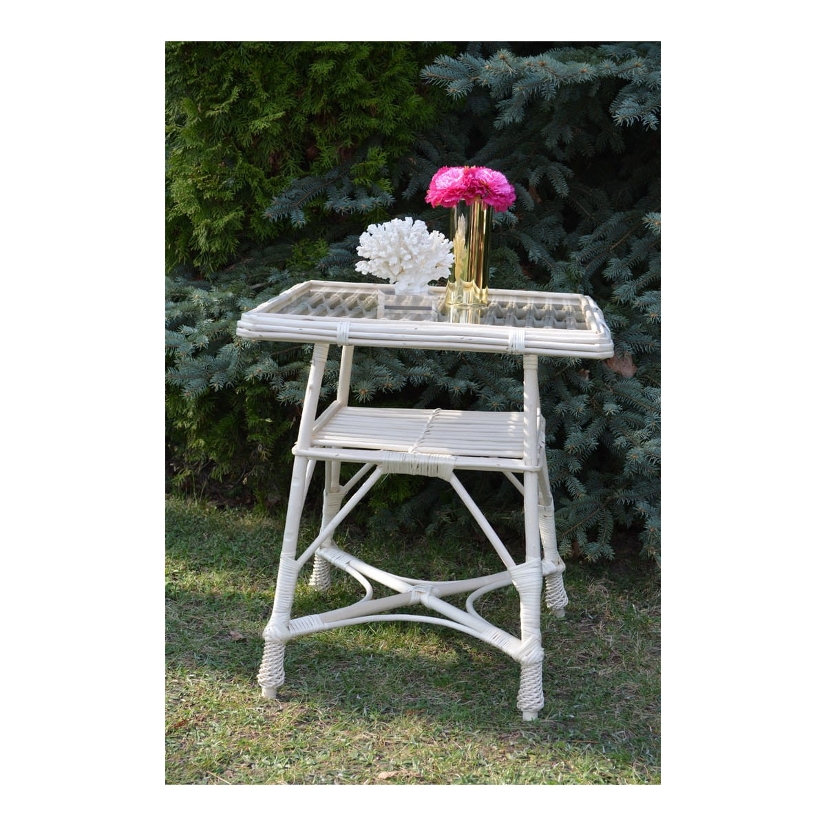 Masă pătrată din rattan cu sticlă - albă