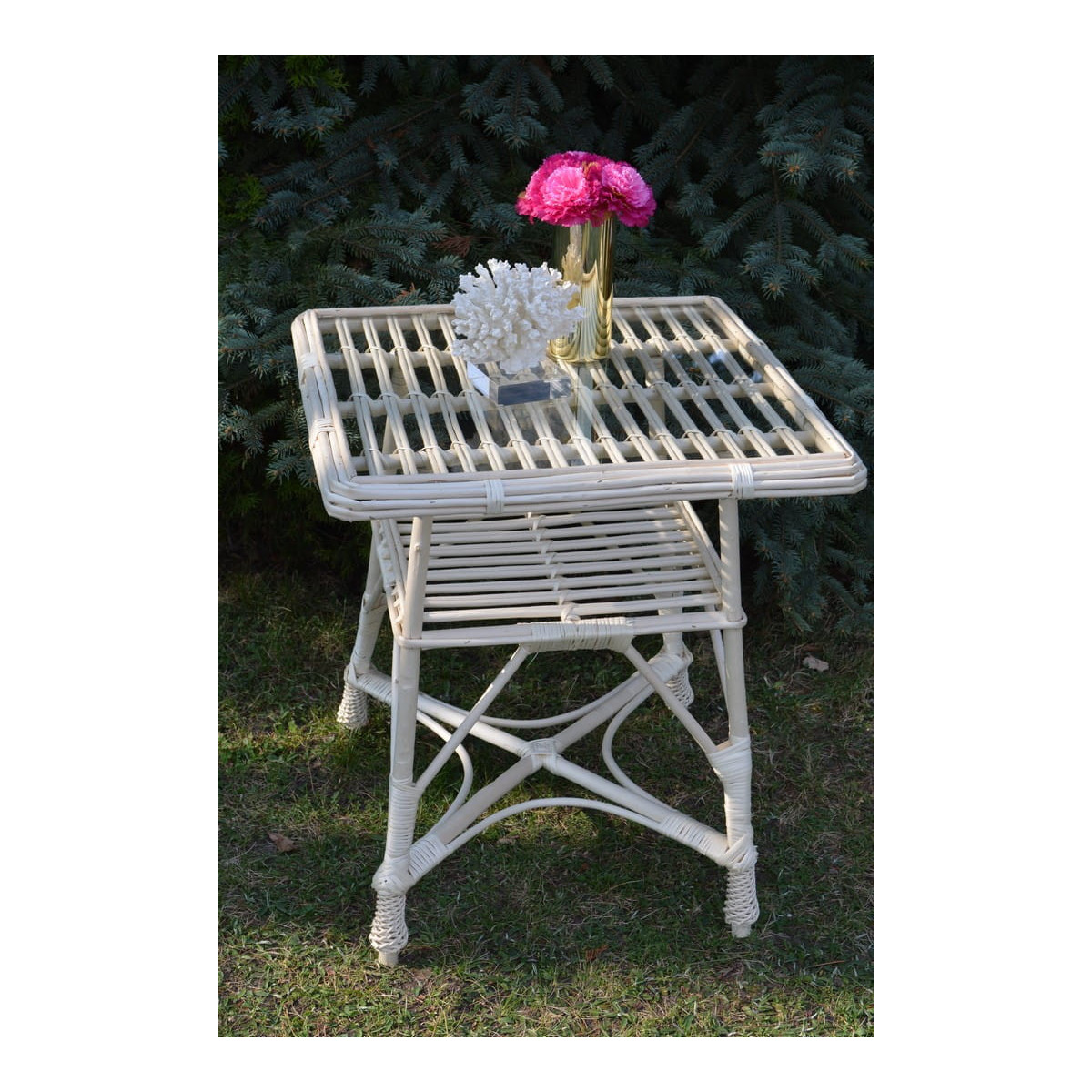 Masă pătrată din rattan cu sticlă - albă