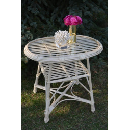 Masă ovală din wicker cu sticlă - albă