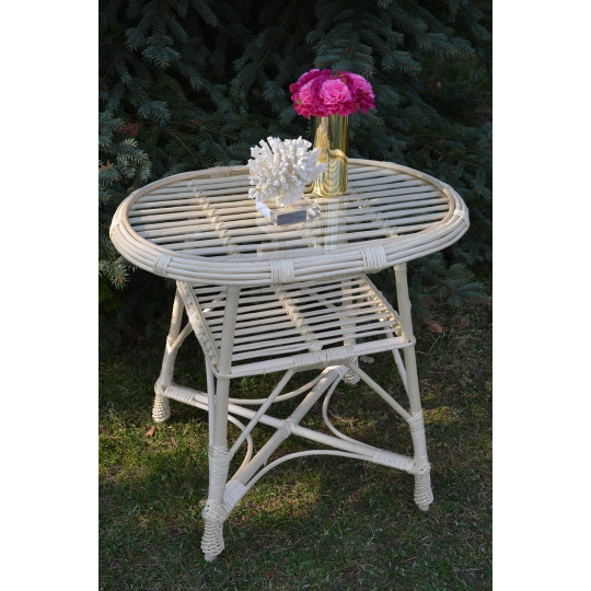Masă ovală din wicker cu sticlă - albă