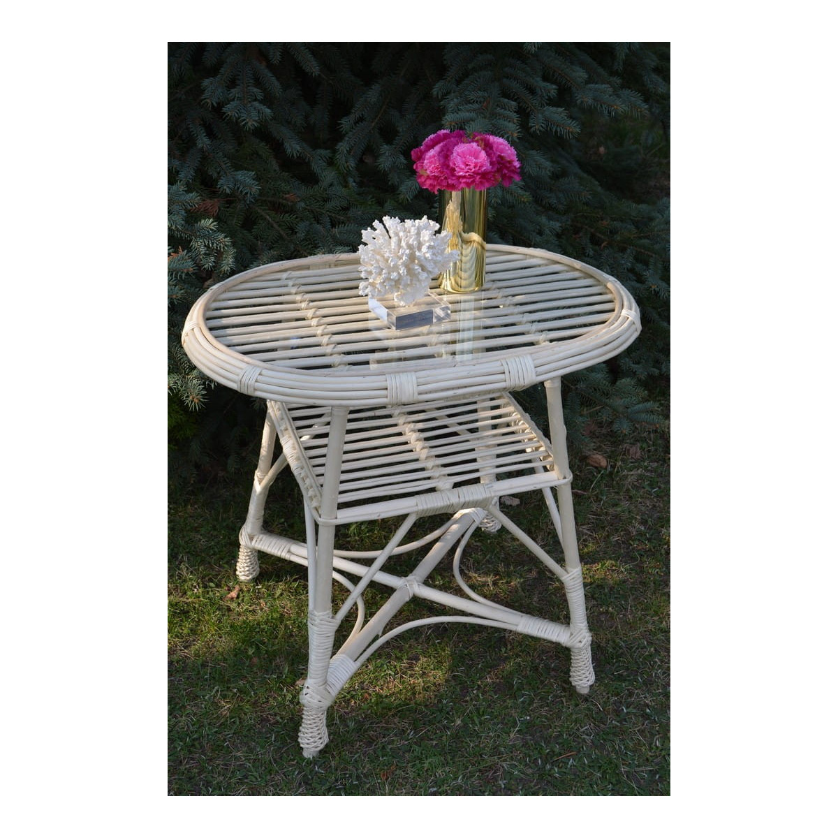 Masă ovală din wicker cu sticlă - albă