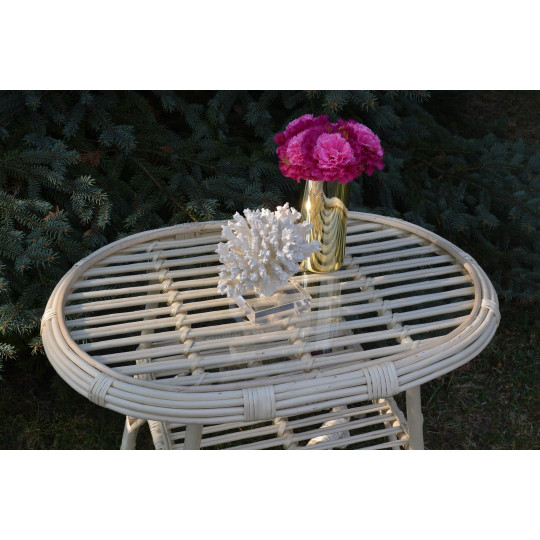 Masă ovală din wicker cu sticlă - albă