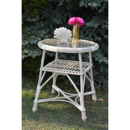 Masa rotundă din ratan cu sticlă - albă