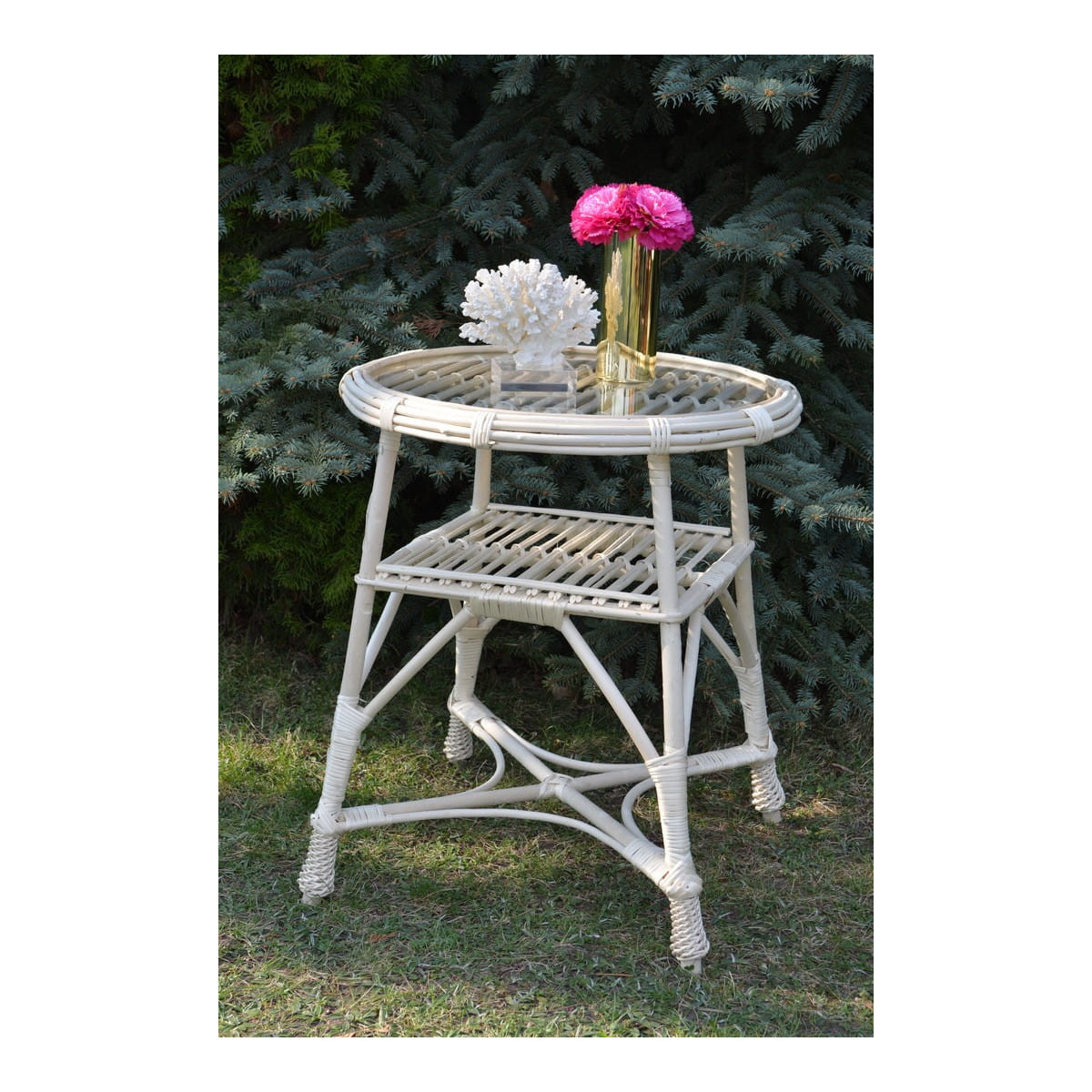 Masa rotundă din ratan cu sticlă - albă