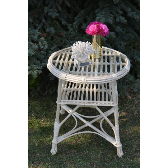 Masa rotundă din ratan cu sticlă - albă