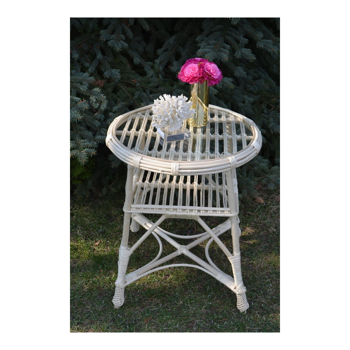 Masa rotundă din ratan cu sticlă - albă