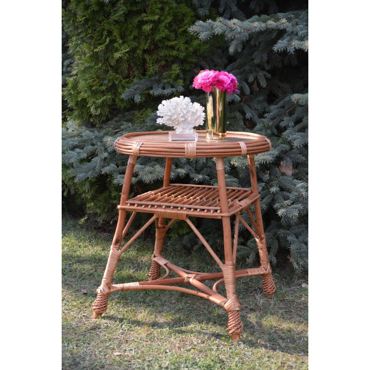 Masa rotundă cu sticlă din rattan natural