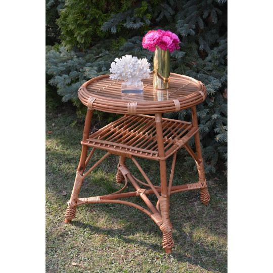 Masa rotundă cu sticlă din rattan natural