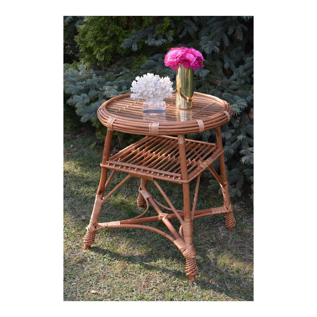 Masa rotundă cu sticlă din rattan natural