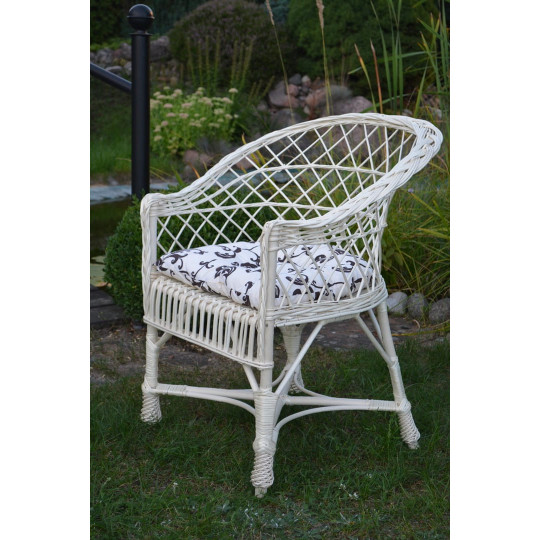 Bancă de grădină albă cu perne albe cu model