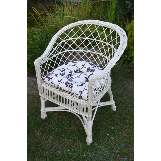 Bancă de grădină albă cu perne albe cu model