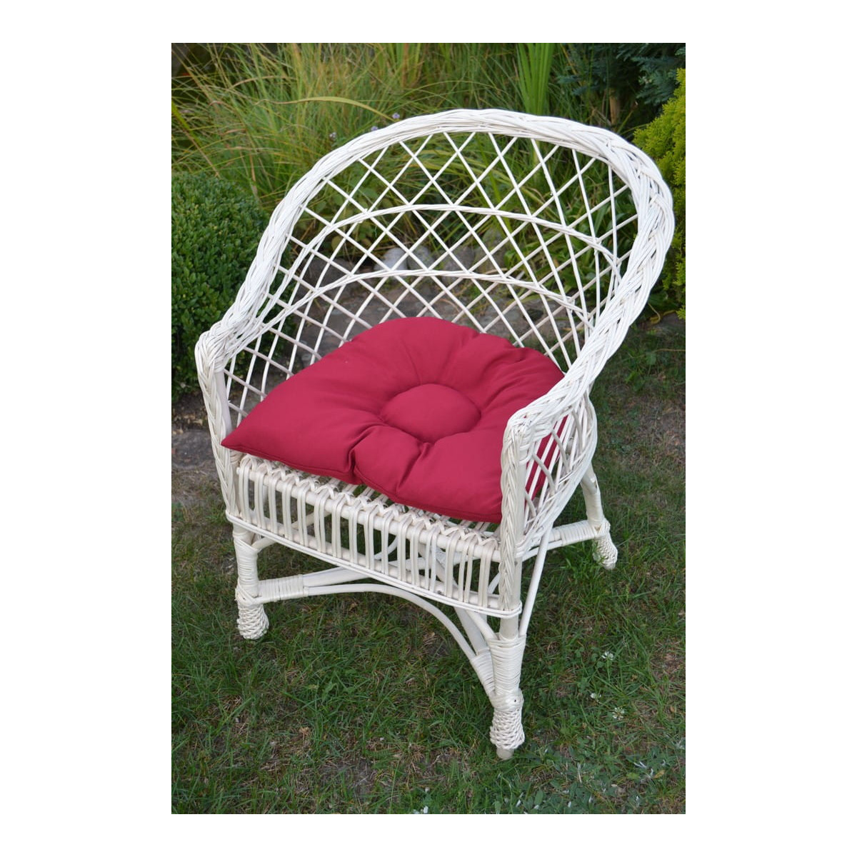 Scaun de grădină alb cu pernă roșie