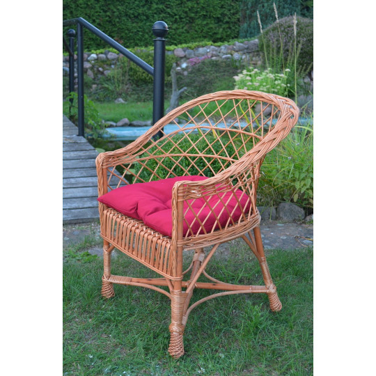 Scaun din rachita naturală pentru grădină cu pernuță roșie