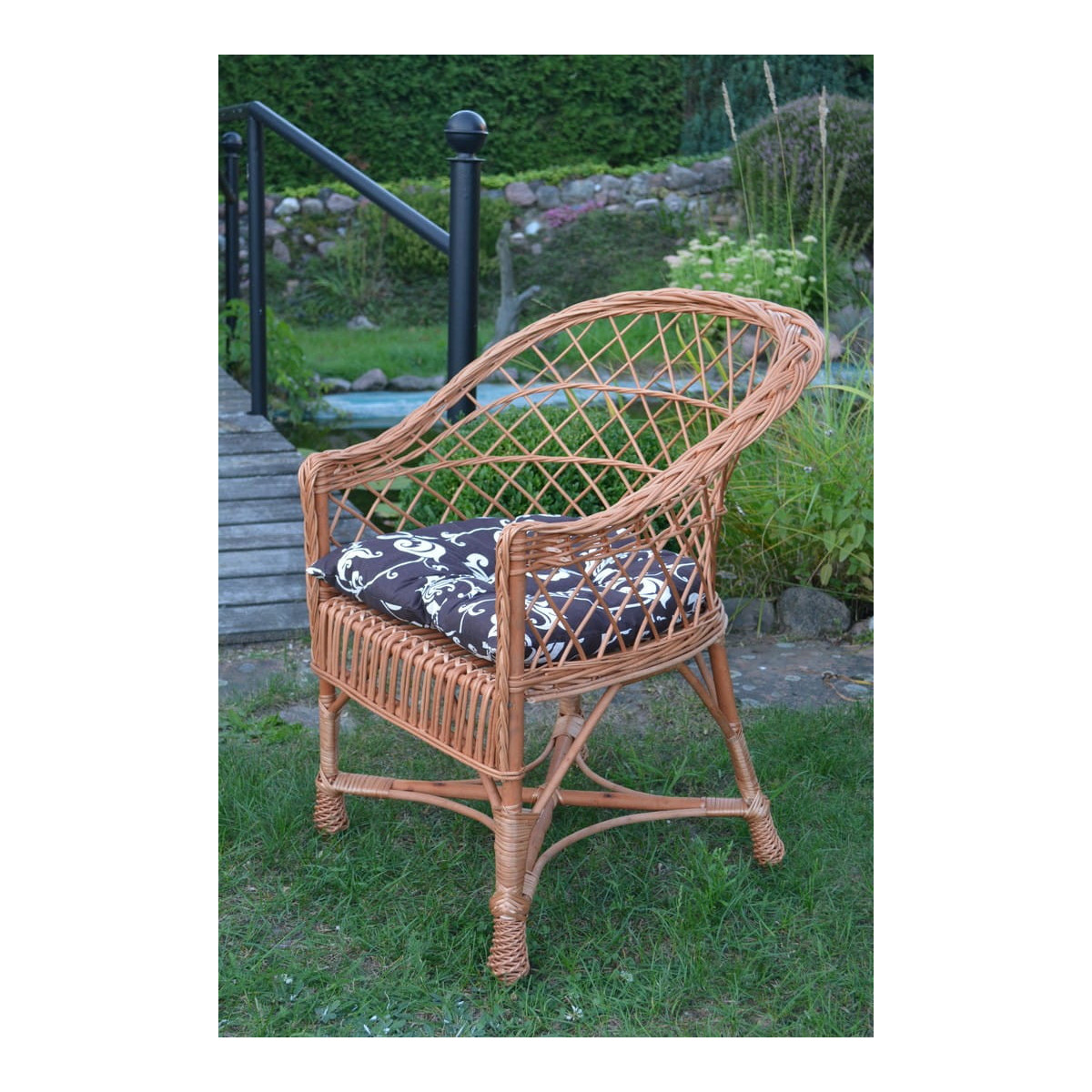 Scaun pentru grădină din nuiele naturale cu pernă maro cu model