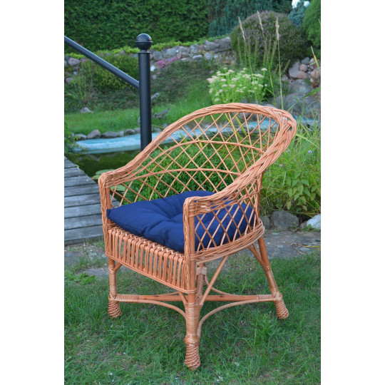 Scaun de grădină din ratan natural cu pernă albastră