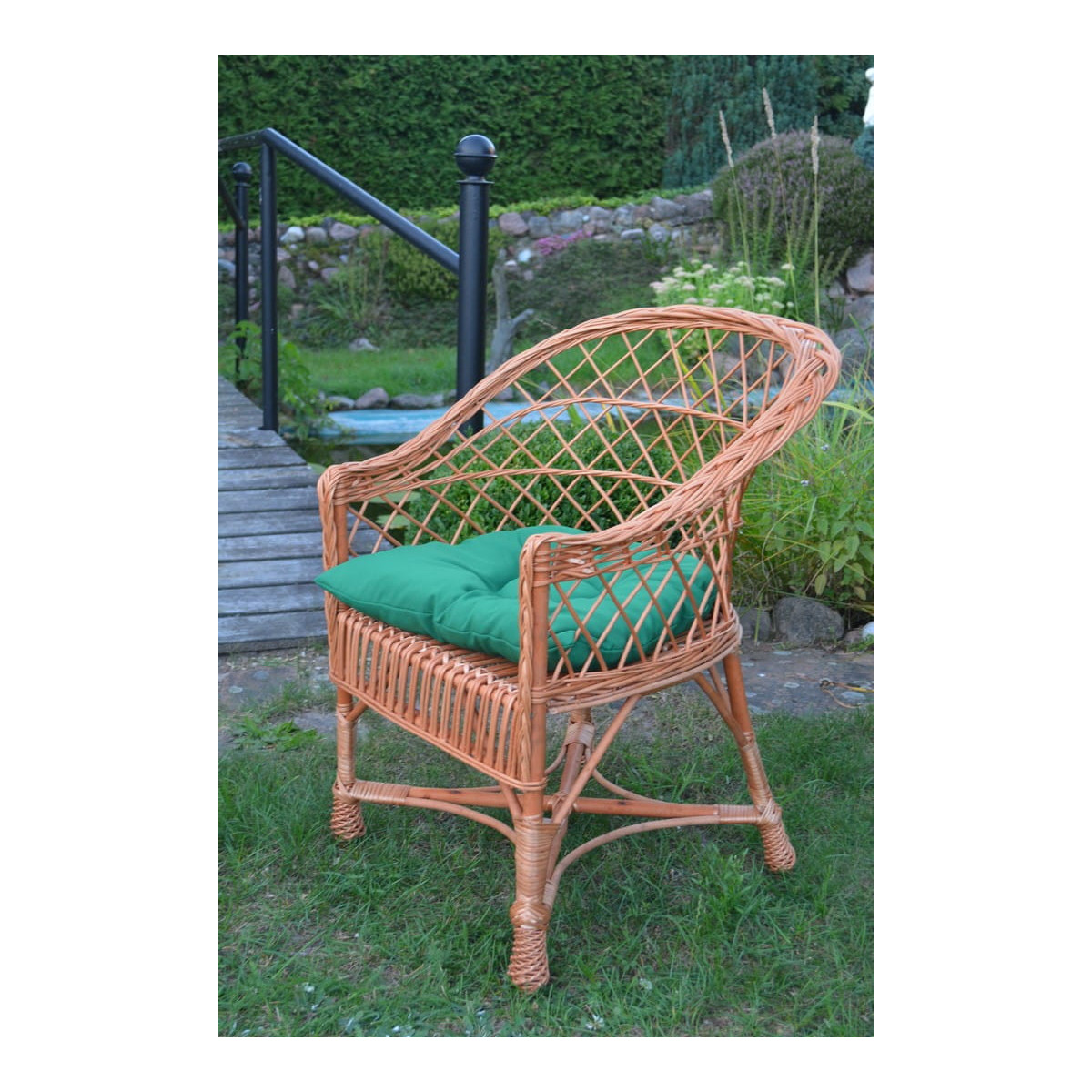 Scaun de grădină din ratan natural cu pernă verde
