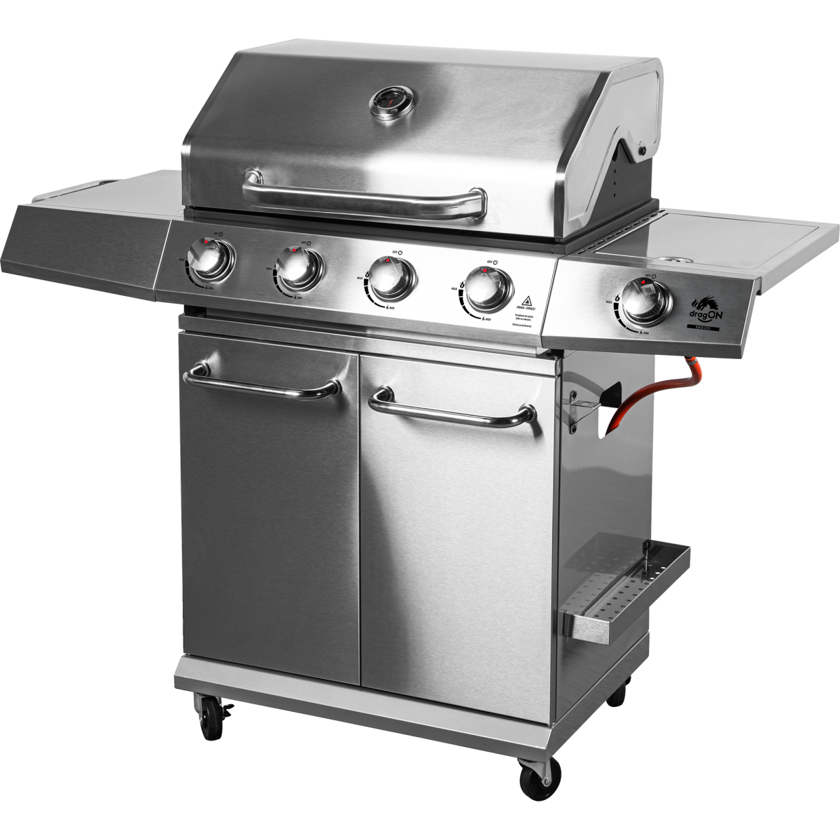 Grătar pe gaz dragON BBQ201, cu o putere de 18,8 kW, argintiu, cu termometru și capac.