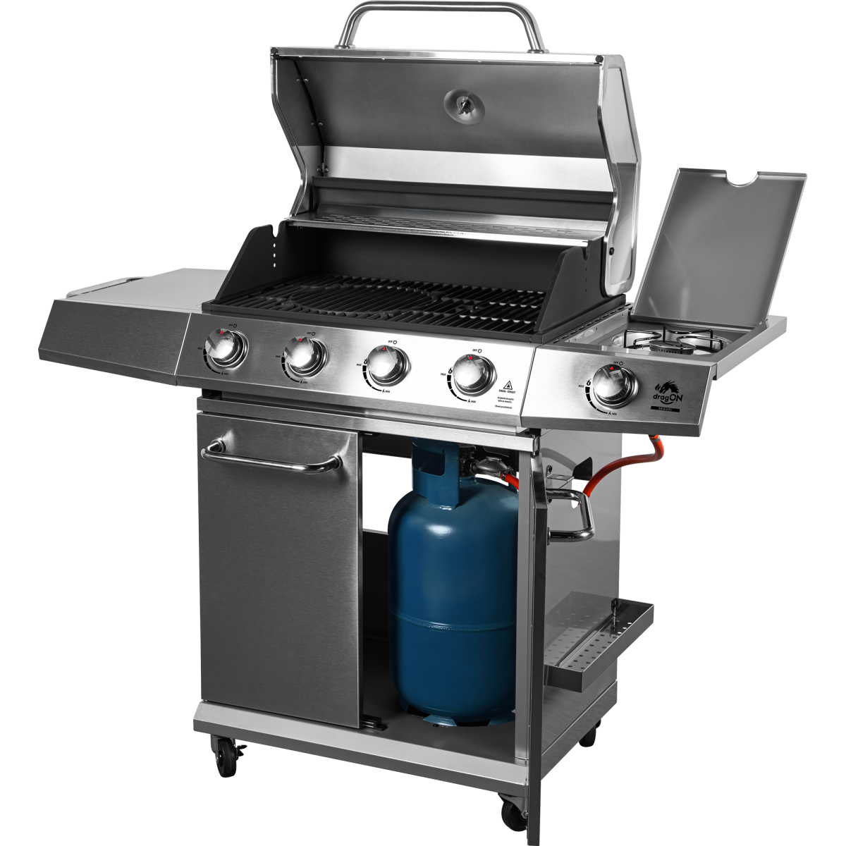 Grătar pe gaz dragON BBQ201, cu o putere de 18,8 kW, argintiu, cu termometru și capac.