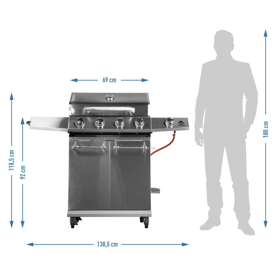 Grătar pe gaz dragON BBQ201, cu o putere de 18,8 kW, argintiu, cu termometru și capac.