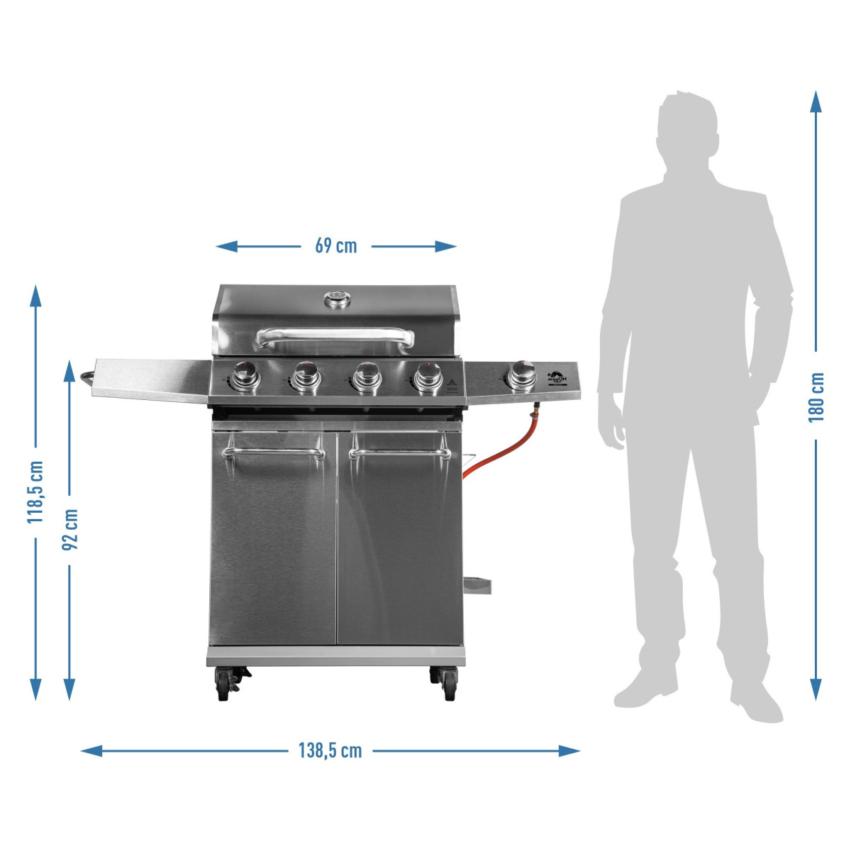 Grătar pe gaz dragON BBQ201, cu o putere de 18,8 kW, argintiu, cu termometru și capac.