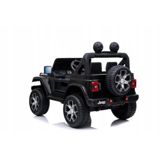Mașină electrică pentru copii Jeep Wrangler, de culoare neagră, cu scaun din piele și roți EVA