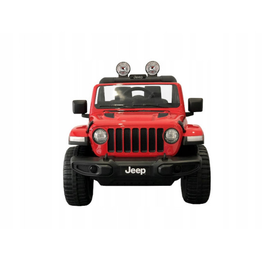 Mașină electrică pentru copii Jeep Wrangler de culoare roșie, cu scaun din piele și roți din EVA.