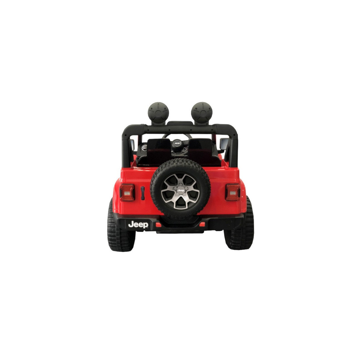 Mașină electrică pentru copii Jeep Wrangler de culoare roșie, cu scaun din piele și roți din EVA.