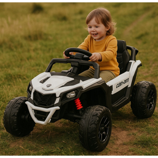 Mașină electrică pentru copii CAN-AM Maverick UTV 24V albă, roți EVA, tracțiune 4×4