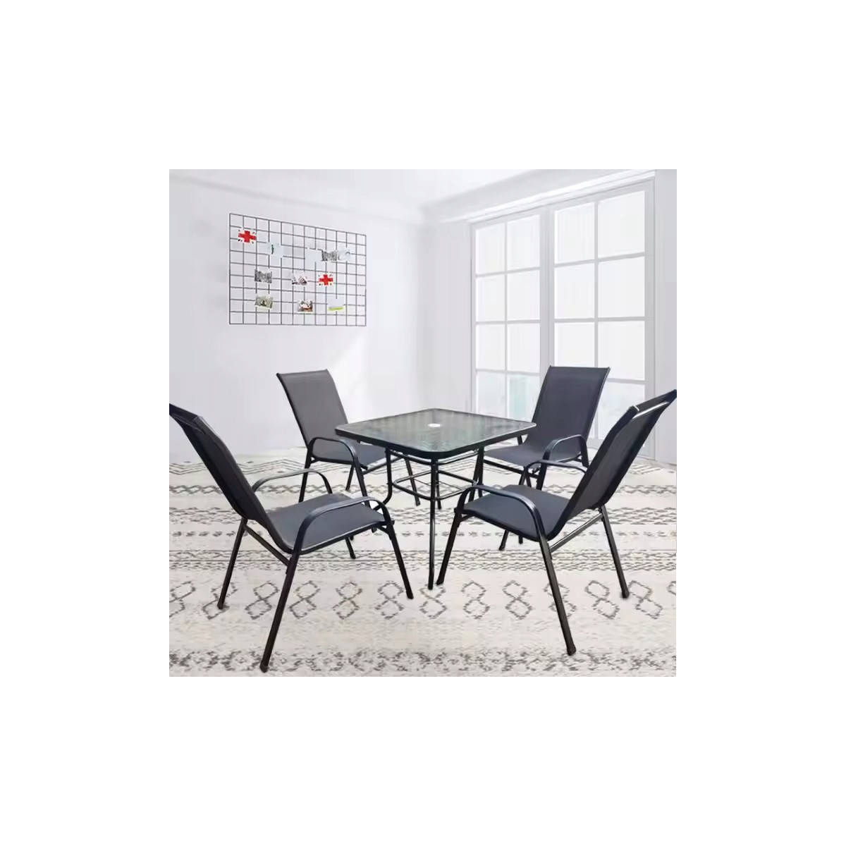 Set de mobilier de terasă, masă 80x80 și 4 scaune, negru
