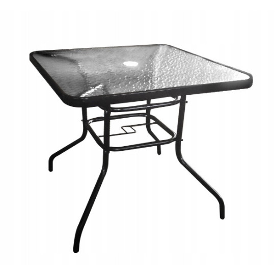 Masă de grădină pătrată pentru terasă cu sticlă 80x80 cu deschidere pentru umbrelă