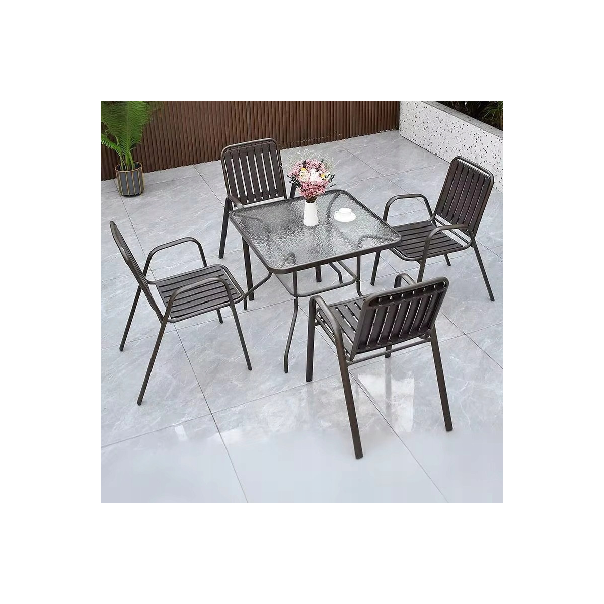 Masă de grădină pătrată pentru terasă cu sticlă 80x80 cu deschidere pentru umbrelă